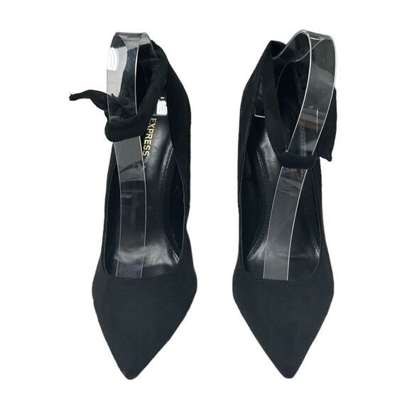 Express Black Fabric Faux Suede High Heels Ankle Strap Pointed Toe Stilettos - Picture 2 of 7
